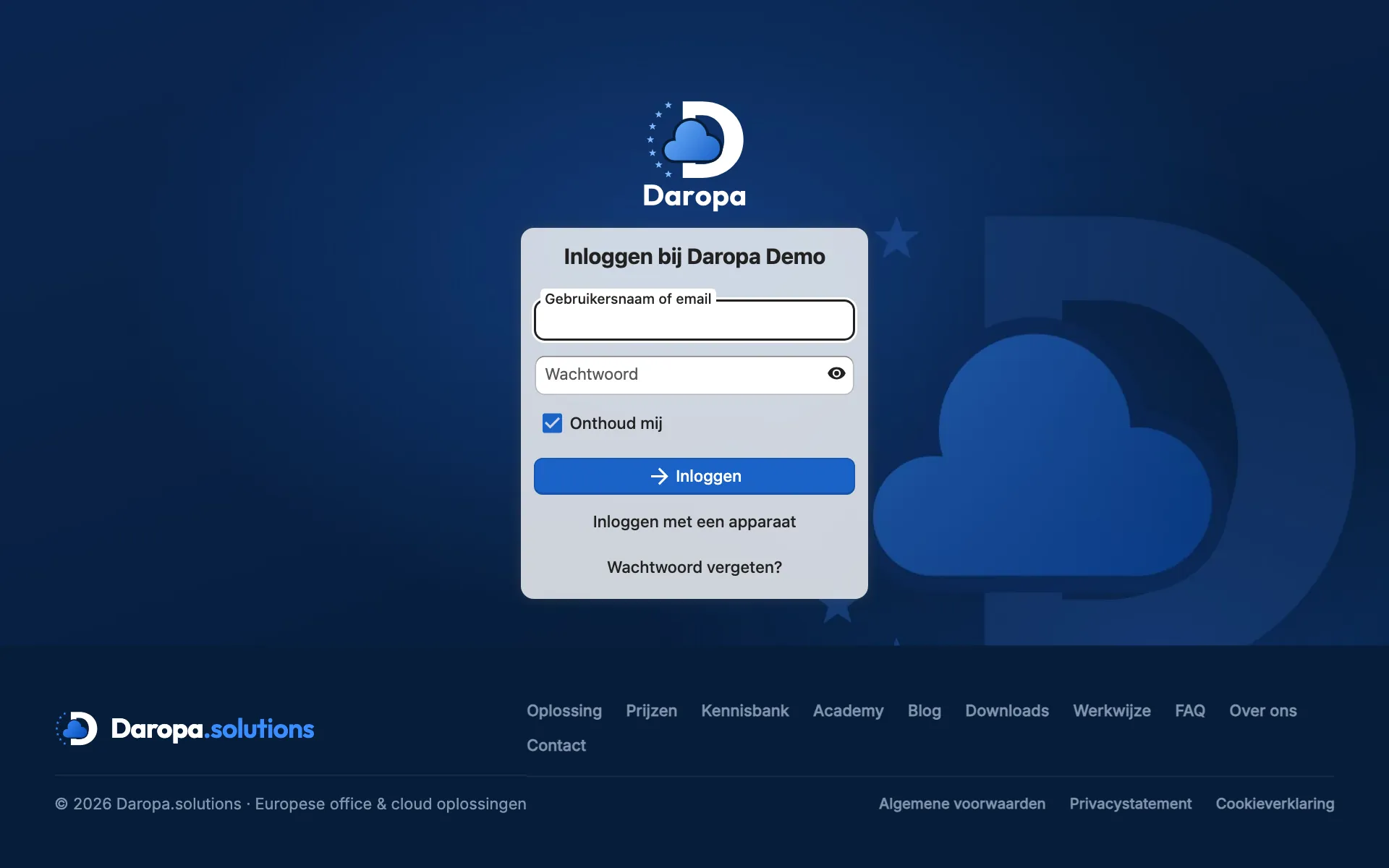 Inlogscherm van de Daropa-demo
