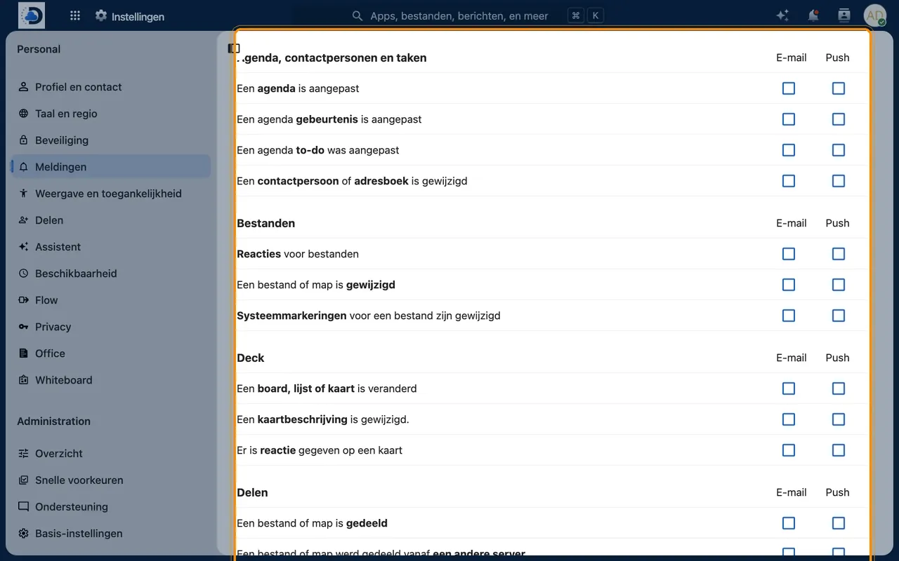 Screenshot in Nextcloud: Set up notifications