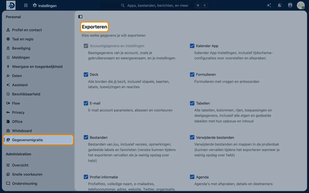 Schermafbeelding in Nextcloud: Open Gegevensmigratie