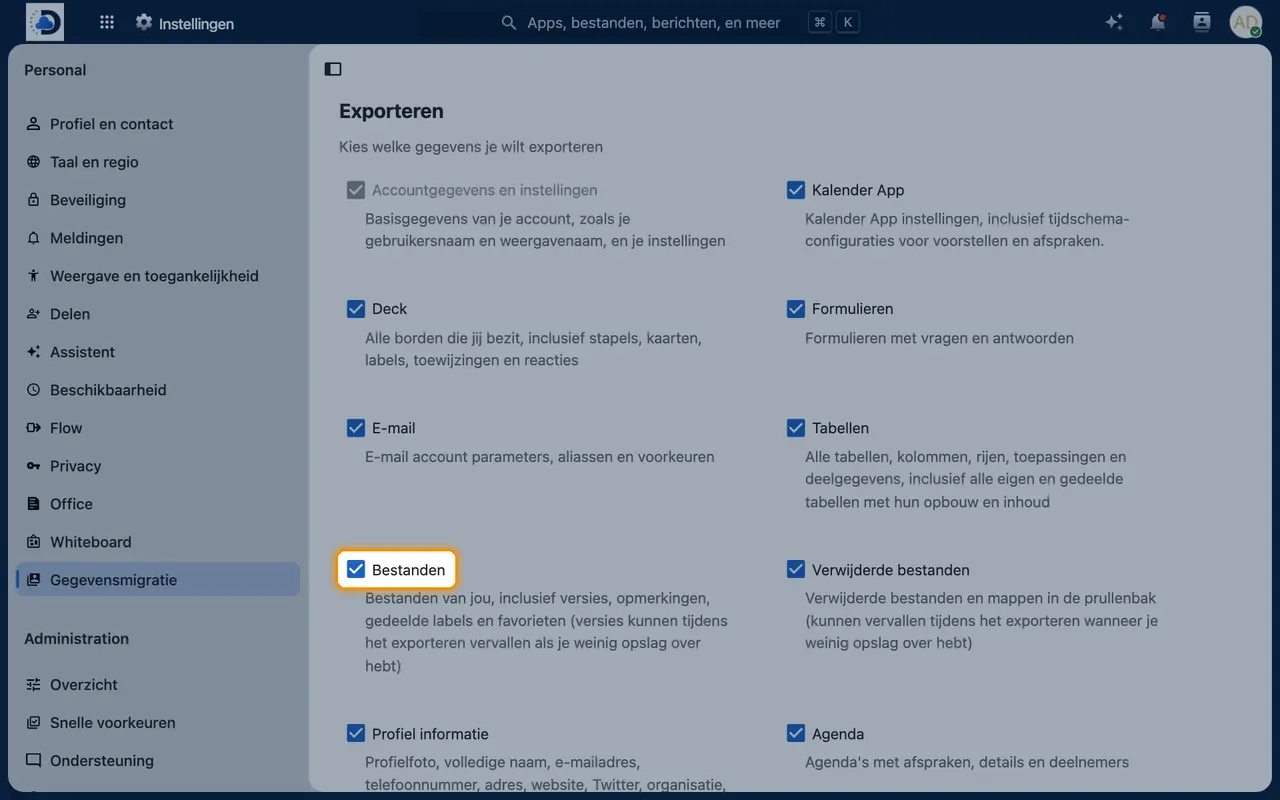 Schermafbeelding in Nextcloud: Maak een export