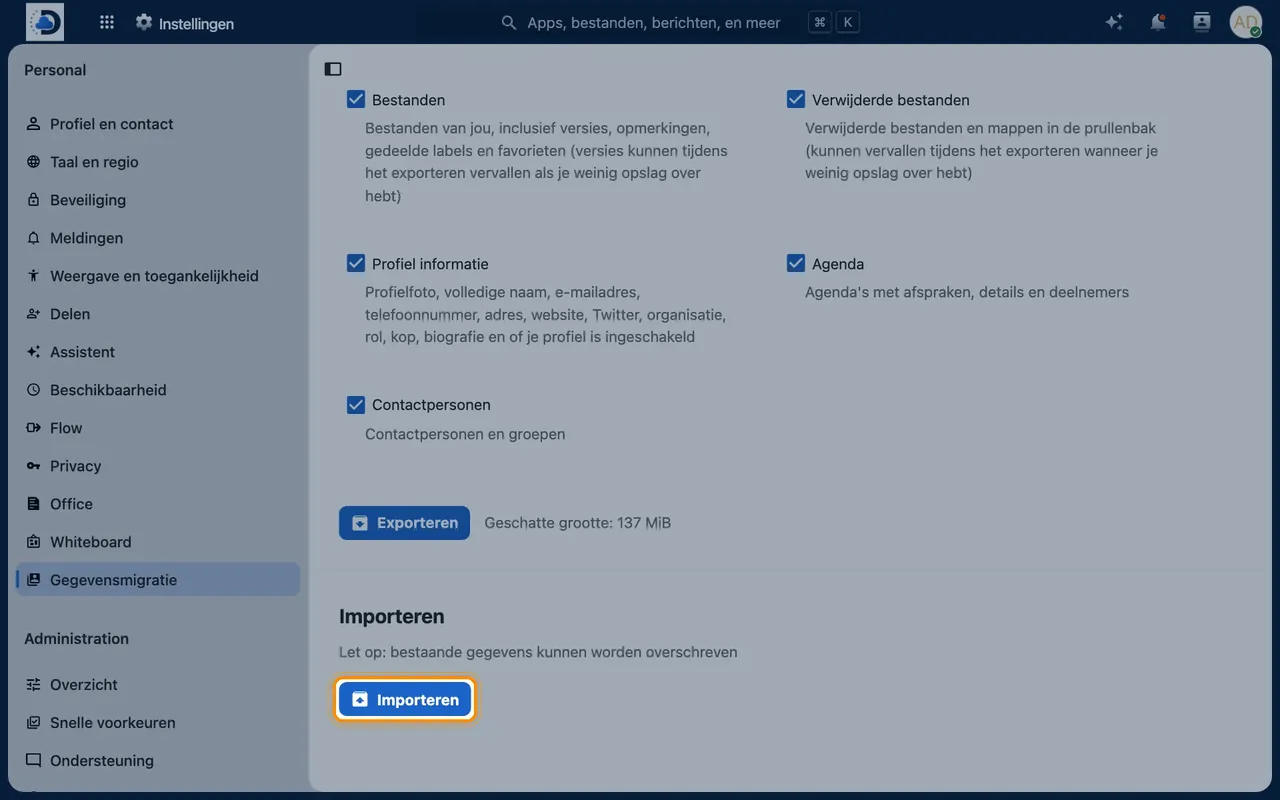 Schermafbeelding in Nextcloud: Zet een export terug