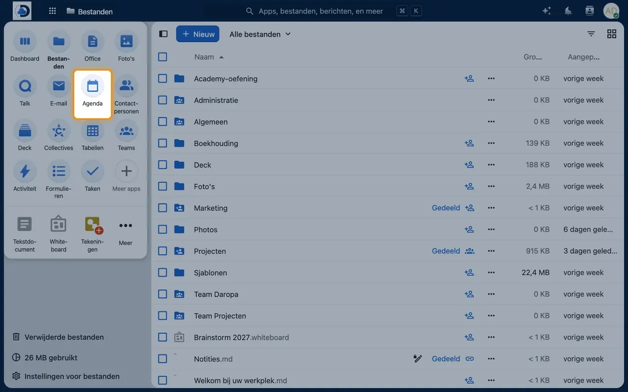 Screenshot in Nextcloud: Open Calendar