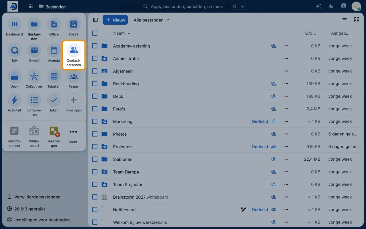 Screenshot in Nextcloud: Open Contacts
