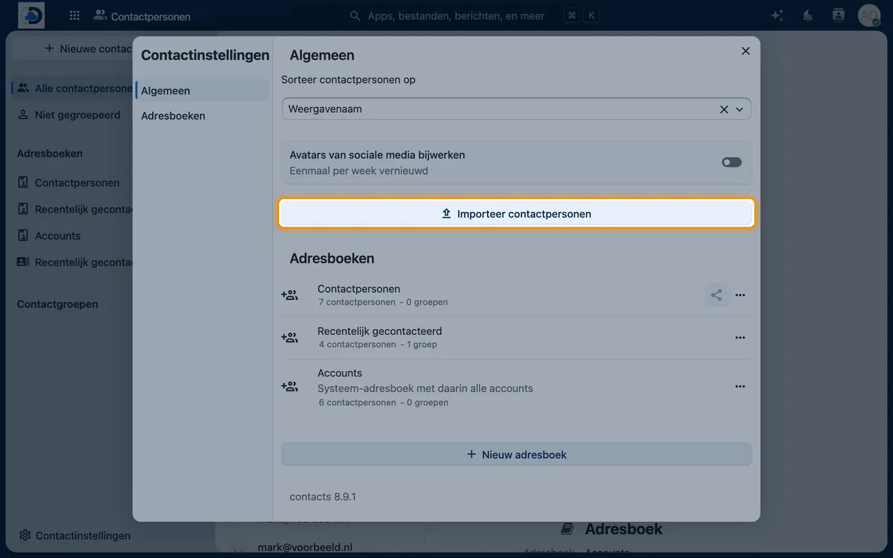Screenshot in Nextcloud: Import existing contacts