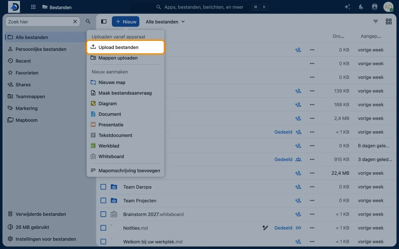 Screenshot in Nextcloud: Upload your first files