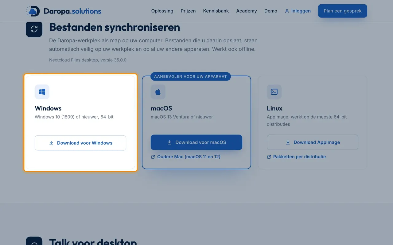 Screenshot in Nextcloud: Install the desktop app