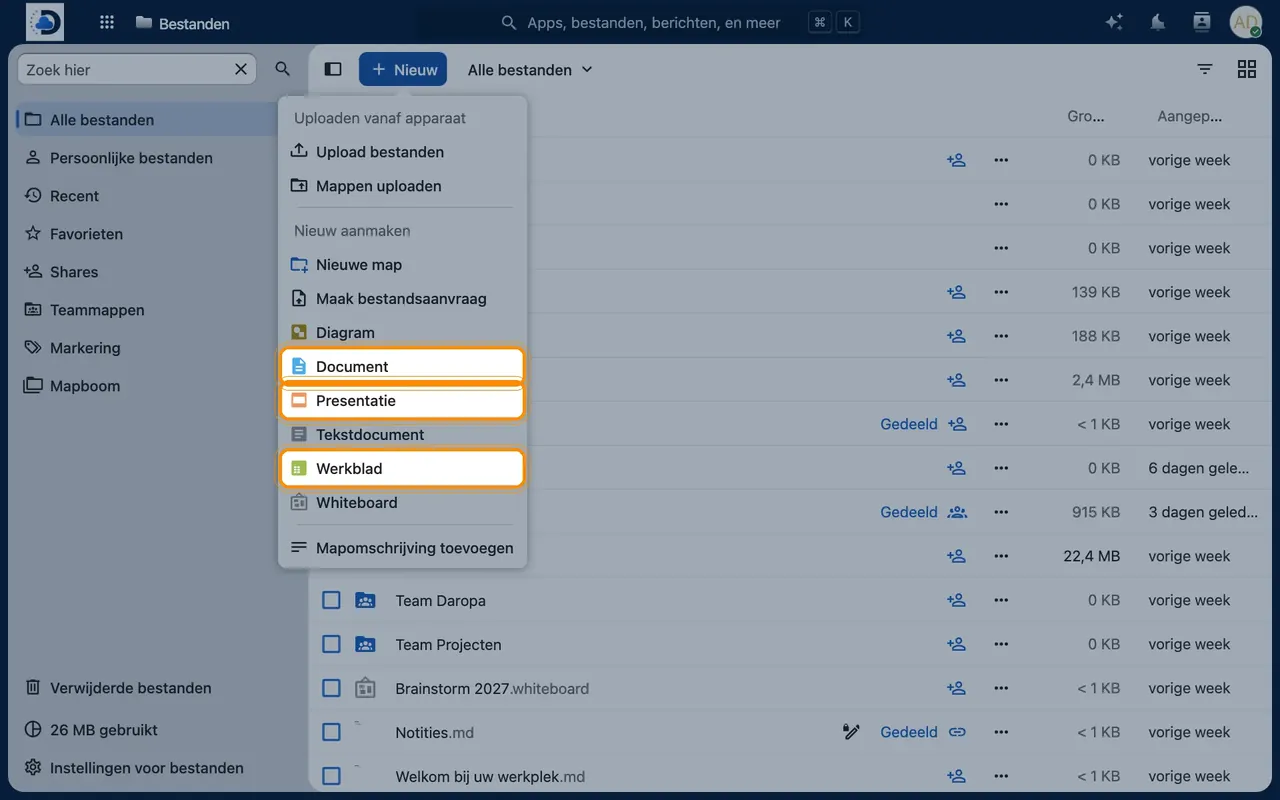 Screenshot in Nextcloud: Create a new document