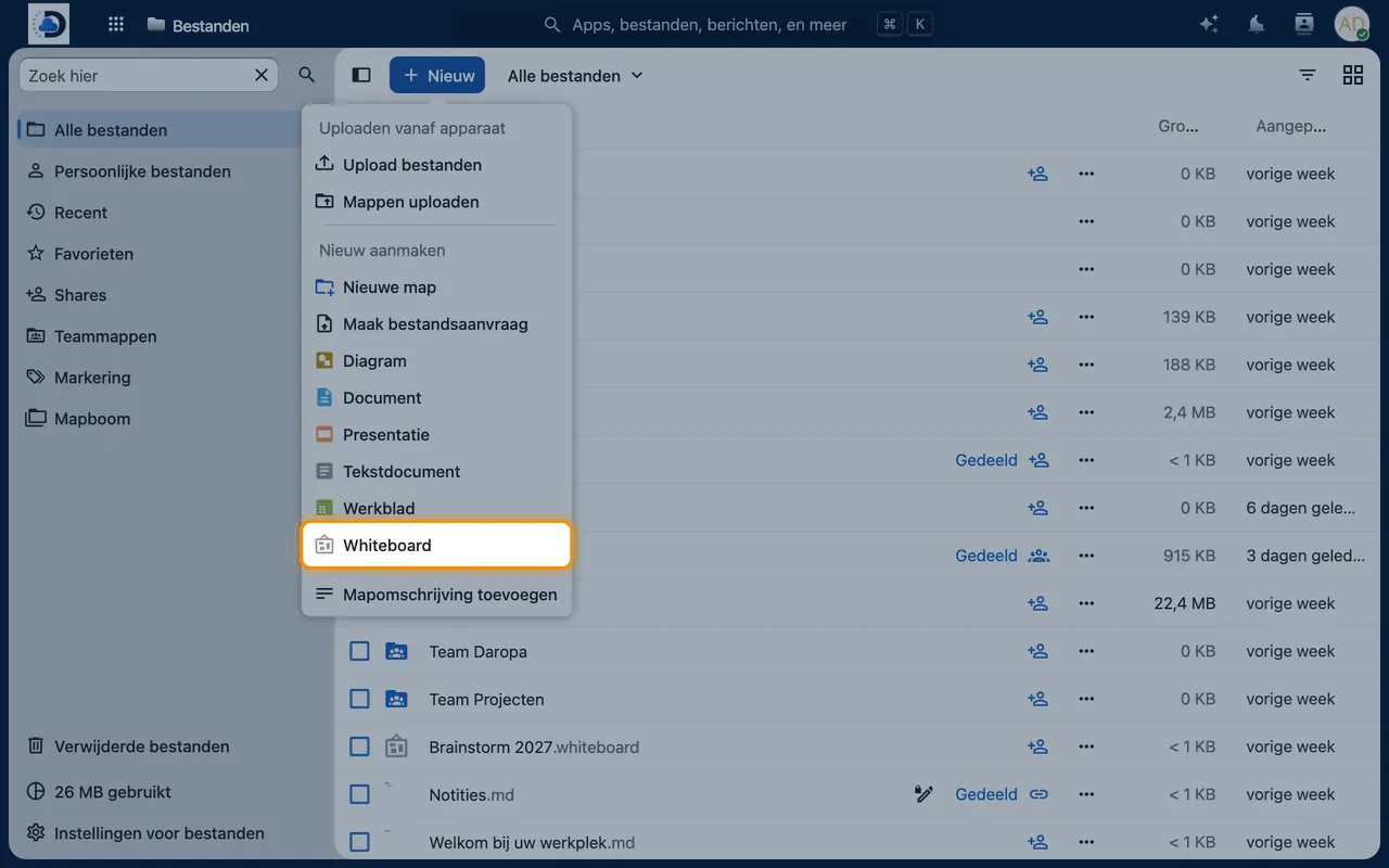 Screenshot in Nextcloud: Create a whiteboard